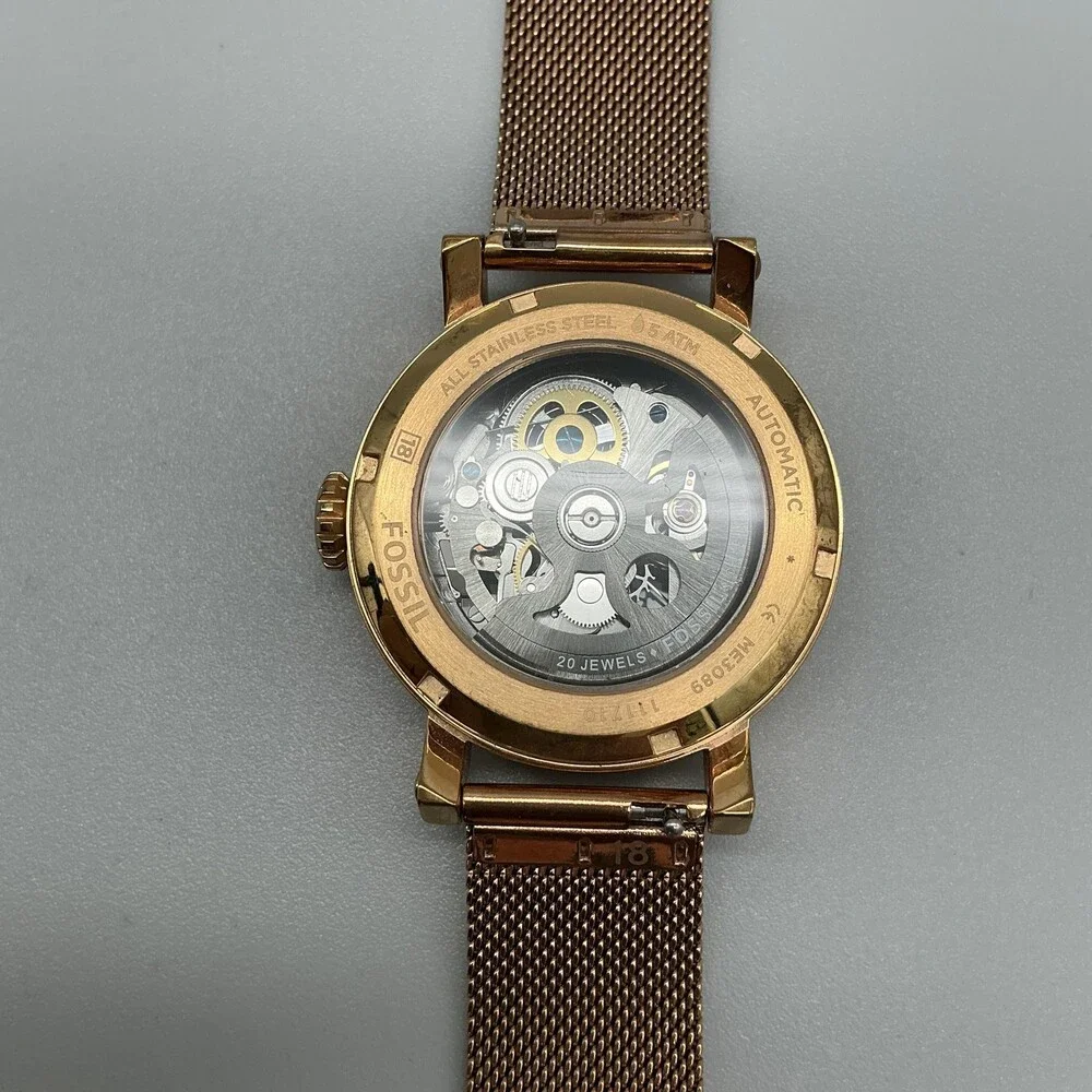Fossil ME3099 Mens Watch 38mm Skeleton Dial Rose Gold Tone Bracelet Automatic